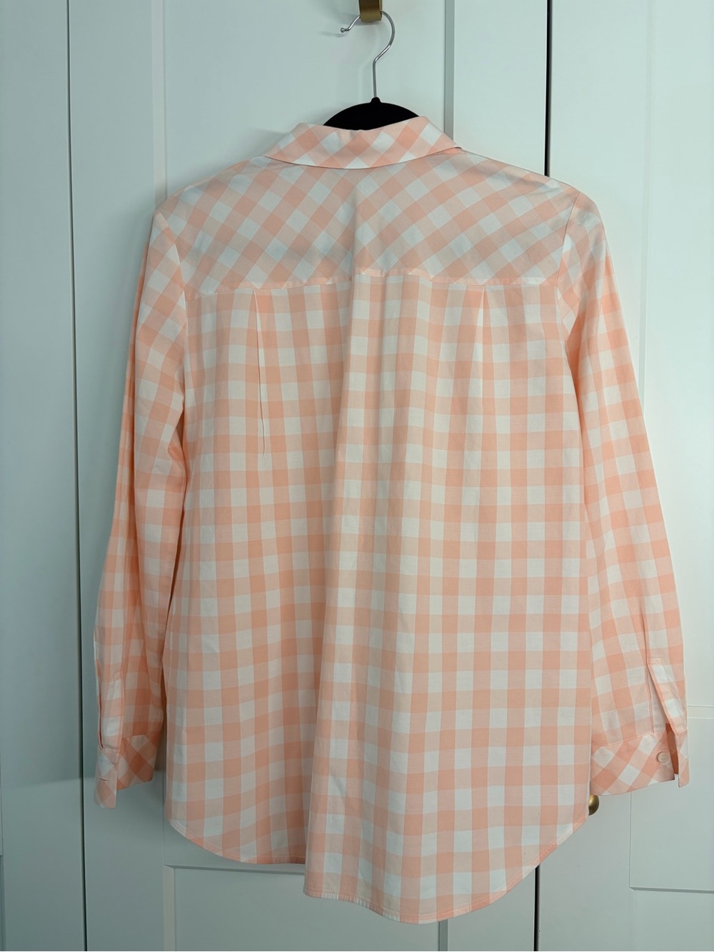 Lafayette 148 New York Peach and White Gingham Button-Up Shirt | S - Picture 2 of 4